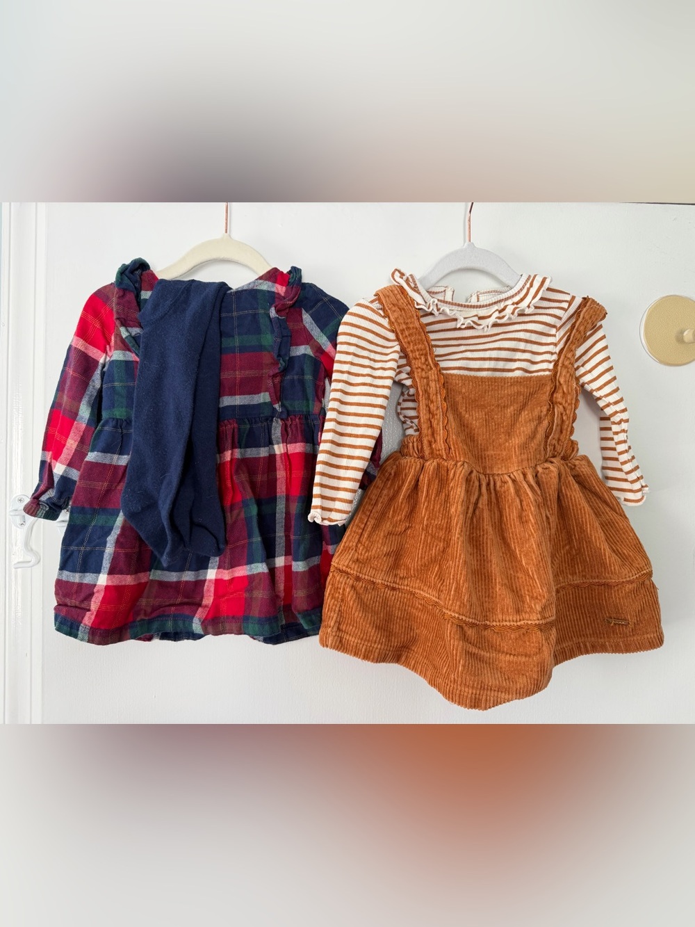 Baby girl Corduroy Pinafore Dress with Striped Top and plaid dress size 12m